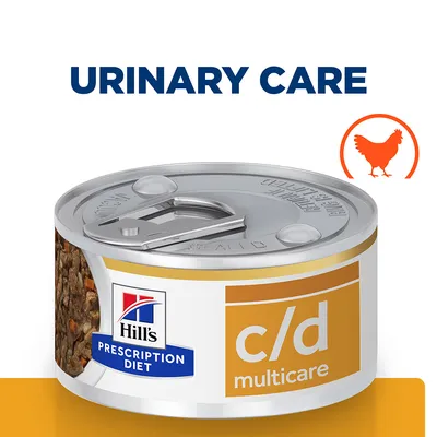 Hill's Prescription Diet c/d Multicare konzerv, URINARY CARE felirat, narancssárga csirke sziluett látható a képen.