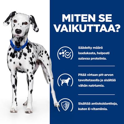 Teksti: MITEN SE VAIKUTTAA? Säädelty määrä laadukasta, helposti sulavaa proteiinia. Pitää virtsan pH-arvon tavoitetasolla ja sisältää vähän natriumia. Sisältää antioksidantteja, kuten E-vitamiinia.