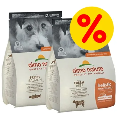 Due confezioni di crocchette Almo Nature Holistic Maintenance per cani, varianti Fresh Salmon e Fresh Beef, 2 kg, con simbolo percentuale giallo che indica offerta.
