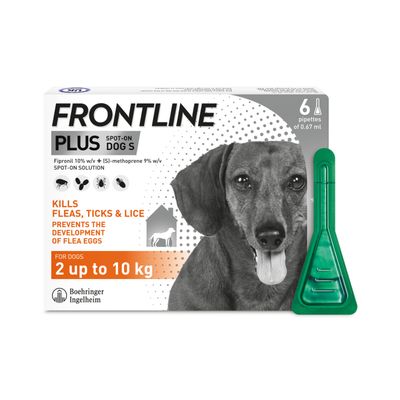 Frontline Plus Spot-On for dogs 2 to 10 kg, kills fleas, ticks and lice, prevents flea eggs developing, contains 6 pipettes of 0.67 ml each.