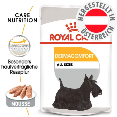 Royal Canin Dermacomfort All Sizes, besonders hautverträgliche Rezeptur, Mousse, hergestellt in Österreich.
