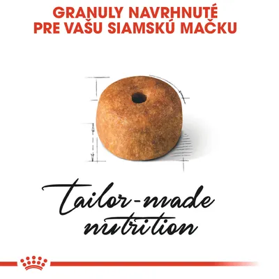 Granuly navrhnuté pre vašu siamskú mačku. Text v angličtine: tailor-made nutrition. Zobrazená jedna granula s otvorom uprostred.