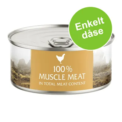 Dåse med teksten '100 % MUSCLE MEAT IN TOTAL MEAT CONTENT' og grøn cirkel med teksten 'Enkelt dåse'. Billede af landskab på etiketten.