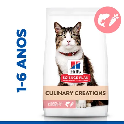 Hill's Science Plan Culinary Creations para gatos, com salmão e cenouras. Indicação de idade: 1–6 anos. Texto visível: 'with salmon & carrots'. Hill's Science Plan Culinary Creations para gatos, com salmão e cenouras. Indicação de idade: 1–6 anos. Texto visível: 'with salmon & carrots'.