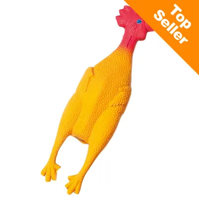 Gult hundleksak i form av en kyckling av plast. Orange hörn med vit text: Top Seller.