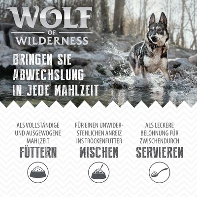 Wolf of Wilderness. Prinesite raznolikost v vsak obrok: hranite kot popoln obrok, zmešajte s suho hrano, ponudite kot nagrado. Ikone za hranjenje, mešanje, serviranje.