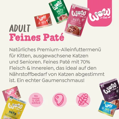 Adult Feines Paté: Natürliches Premium-Alleinfutter für Kitten, Katzen und Senioren. Mit 70% Fleisch & Innereien, abgestimmt auf den Nährstoffbedarf von Katzen. Kein Zucker oder Salz. Adult Feines Paté: Natürliches Premium-Alleinfutter für Kitten, Katzen und Senioren. Mit 70% Fleisch & Innereien, abgestimmt auf den Nährstoffbedarf von Katzen. Kein Zucker oder Salz.