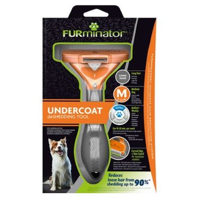 FURminator tovutredningskam med ergonomiskt handtag och rostfri stålklinga, orange-svart, synlig FURejector-knapp.