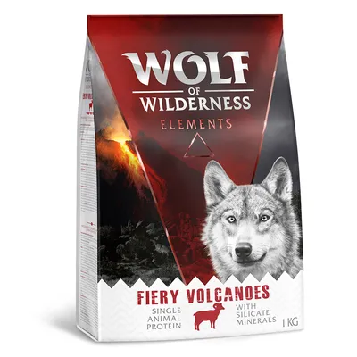 Wolf of Wilderness Elements Fiery Volcanoes, single animal protein, with silicate minerals, 1 kg. Illustration de volcan et tête de loup visibles sur l’emballage.