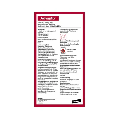 Advantix Spot-on Lösung für Hunde über 10 kg bis 25 kg. Wirkstoffe: Imidacloprid 250 mg, Permethrin 1250 mg. Nicht bei Katzen anwenden. Lesen Sie die Packungsbeilage vor Anwendung.