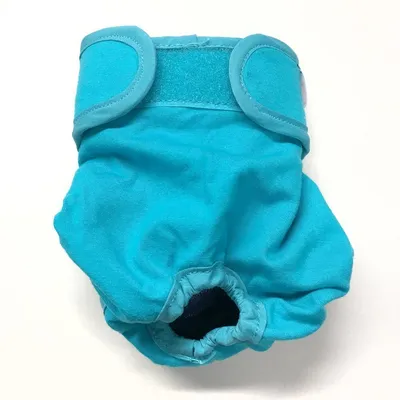 Tyrkysová psí plena se suchým zipem a elastickou oblastí kolem nohou, vhodná pro hygienické účely.