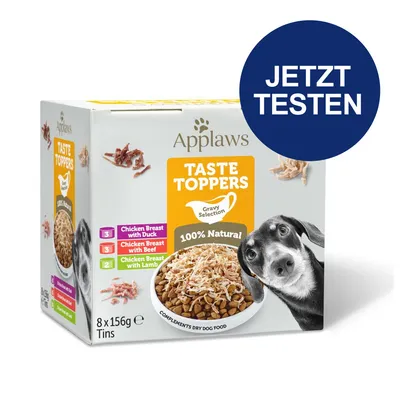 Applaws Taste Toppers Gravy Selection, 100% natürlich. Sorten: Hähnchenbrust mit Ente, Rind oder Lamm. 8 x 156g Dosen. Jetzt testen.