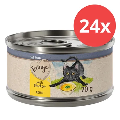 Feringa Cat Soup mit Huhn, Adult, 70 g, 24x. Illustration einer schwarzen Katze und Suppenschale auf der Verpackung.