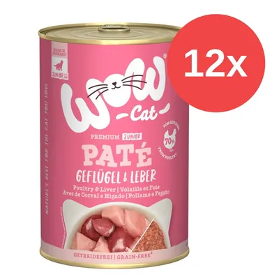 WOW Cat Premium Junior Paté Geflügel & Leber, getreidefrei, 70% Geflügelanteil. Made in Germany. Packung mit 12 Dosen.