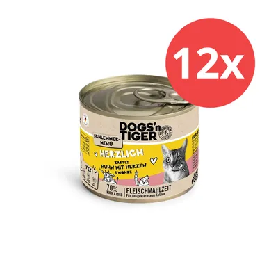 Dogs'n Tiger Schlemmer-Menü, zartes Huhn mit Herzen und Möhre, Fleischmahlzeit für ausgewachsene Katzen, 12x Dose, 70% Huhn & Rind. Dogs'n Tiger Schlemmer-Menü, zartes Huhn mit Herzen und Möhre, Fleischmahlzeit für ausgewachsene Katzen, 12x Dose, 70% Huhn & Rind.
