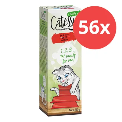 Catessy Chunks in Gravy, 14x mit Rind, 56 Portionen insgesamt, Packung mit Illustration einer Katze und Text '1, 2, 3... 14 meals for me!'. Catessy Chunks in Gravy, 14x mit Rind, 56 Portionen insgesamt, Packung mit Illustration einer Katze und Text '1, 2, 3... 14 meals for me!'.