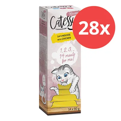 Catessy Mousse mit Huhn, 14 x 90 g. Verpackung zeigt eine Katze und den Text '1, 2, 3... 14 meals for me!' sowie Hinweis auf 28-fache Menge.