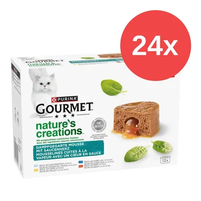 Purina Gourmet Nature's Creations Dampfgegarte Mousse mit Saucenherz, ohne Zusatzstoffe, 24x Packung. Purina Gourmet Nature's Creations Dampfgegarte Mousse mit Saucenherz, ohne Zusatzstoffe, 24x Packung.