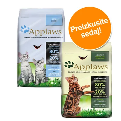 Dve vreči hrane za mačke Applaws, vidno: 80 % piščanca, 20 % zelenjave in naravnih izvlečkov, brez žit, hipoalergeno, 2 kg. Oranžni krog z besedilom: Preizkusite sedaj!