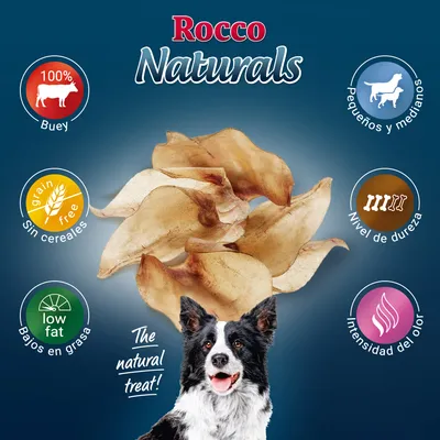 Rocco Naturals. 100% buey, sin cereales, bajos en grasa. Para perros pequeños y medianos. Nivel de dureza e intensidad del olor indicados. The natural treat!
