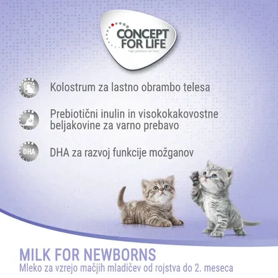 CONCEPT FOR LIFE. Kolostrum za obrambo telesa, prebiotični inulin in beljakovine za prebavo, DHA za razvoj možganov. Mleko za vzrejo mačjih mladičev od rojstva do 2. meseca.