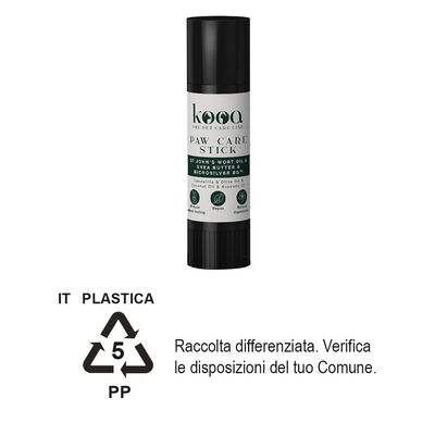 kooa Paw Care Stick con olio di iperico, burro di karité, microsilver BG, candelilla, olio d'oliva, cocco e avocado. Plastica 5 PP. Raccolta differenziata: verifica disposizioni locali.