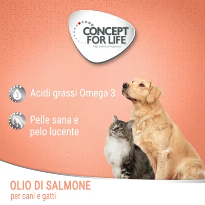 Concept for Life Olio di salmone per cani e gatti. Acidi grassi Omega 3, pelle sana e pelo lucente. Immagine di un cane e un gatto.