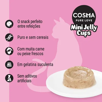 COSMA Pure Love Mini Jelly Cups. O snack perfeito entre refeições, puro e sem cereais, com muita carne ou peixe frescos, em gelatina suculenta, sem aditivos artificiais.