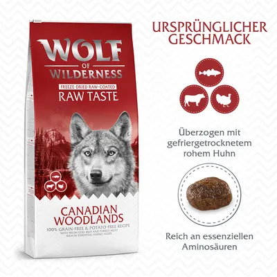 Wolf of Wilderness Canadian Woodlands, getreidefreie Rezeptur mit frischem Kabeljau, Rind und Truthahn, überzogen mit gefriergetrocknetem rohem Huhn, reich an essenziellen Aminosäuren.
