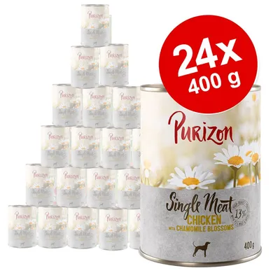 Purizon Single Meat Chicken with Chamomile Blossoms, 24×400 g konzerv. Viditelné texty: Purizon, Single Meat, Chicken with Chamomile Blossoms, 13 %, 400 g. Purizon Single Meat Chicken with Chamomile Blossoms, 24×400 g konzerv. Viditelné texty: Purizon, Single Meat, Chicken with Chamomile Blossoms, 13 %, 400 g.