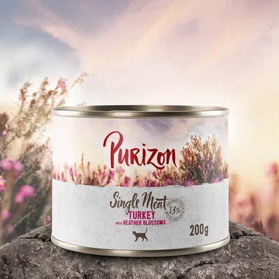 Purizon Single Meat Turkey met heidebloemen, 200g blik. 13% eiwitgehalte, geschikt voor honden.