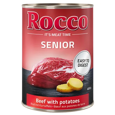 Rocco SENIOR Beef with potatoes, 400g. Tekst: IT'S MEAT TIME, EASY TO DIGEST. Afbeelding van rundvlees en aardappelen op het etiket.