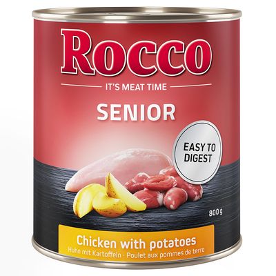 Rocco SENIOR, EASY TO DIGEST, Chicken with potatoes, Huhn mit Kartoffeln, Poulet aux pommes de terre, 800 g. Dåse med kylling og kartofler vist på etiketten.