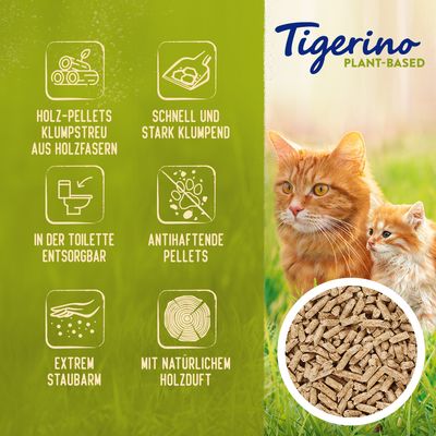Tigerino Plant-Based Holz-Pellets Klumpstreu aus Holzfasern: schnell klumpend, in der Toilette entsorgbar, antihaftende Pellets, extrem staubarm, mit natürlichem Holzduft.