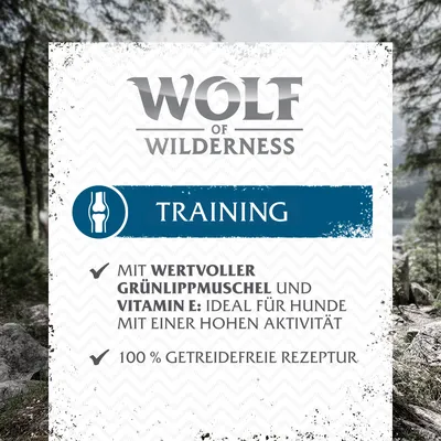 Texte en allemand : Wolf of Wilderness Training. Mit wertvoller Grünlippmuschel und Vitamin E: ideal für Hunde mit einer hohen Aktivität. 100 % getreidefreie Rezeptur.