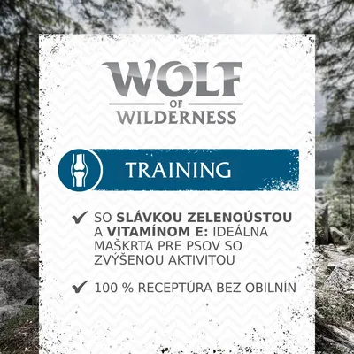 Wolf of Wilderness Training: so slávkou zelenoústou a vitamínom E, ideálna maškrta pre psov so zvýšenou aktivitou, 100 % receptúra bez obilnín.