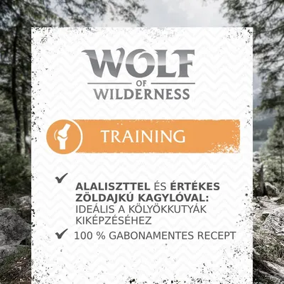Wolf of Wilderness Training. Alaliszttel és értékes zöldajkú kagylóval: ideális a kölyökkutyák kiképzéséhez. 100 % gabonamentes recept.