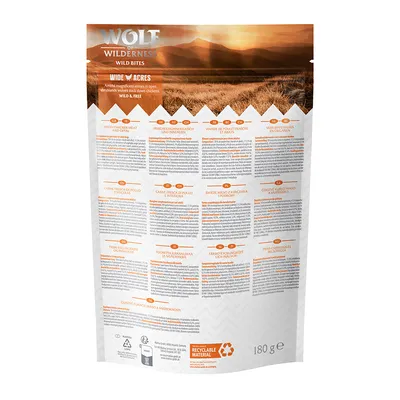 Wolf Wilderness Wild Bites Wide Acres, 180 g. Verpakking met productinformatie in meerdere talen en recyclebaar-materiaal symbool.
