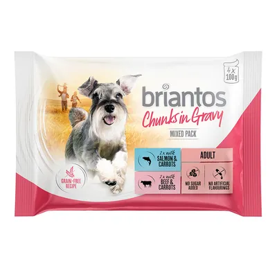 Briantos Chunks in Gravy смесена опаковка, 4x100g. Без зърнени храни, 2x със сьомга и моркови, 2x с говеждо и моркови, без добавена захар, без изкуствени аромати. За възрастни кучета.