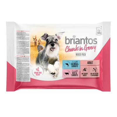Briantos Chunks in Gravy смесена опаковка, 4x100g. Беззърнеста рецепта, 2x сьомга и моркови, 2x говеждо и моркови, без добавена захар, без изкуствени аромати. За възрастни кучета.