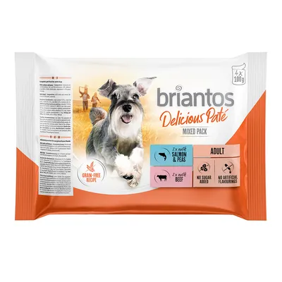 Briantos Delicious Paté blandpack, 4 x 100g, spannmålsfritt recept, 2x lax & ärtor, 2x nötkött, utan tillsatt socker, utan artificiella aromer, för vuxna hundar.
