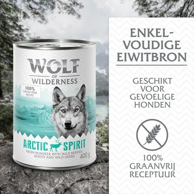 Wolf of Wilderness Arctic Spirit natvoer 400 g, 100% graanvrij recept, enkelvoudige eiwitbron, geschikt voor gevoelige honden, met rendier, bessen, wortels en wilde kruiden. Wolf of Wilderness Arctic Spirit natvoer 400 g, 100% graanvrij recept, enkelvoudige eiwitbron, geschikt voor gevoelige honden, met rendier, bessen, wortels en wilde kruiden.