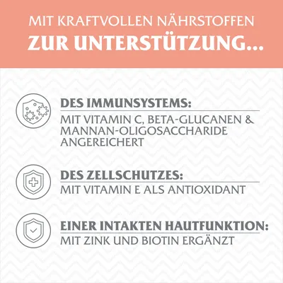 Texte en allemand : soutien du système immunitaire avec vitamine C, bêta-glucanes ; protection cellulaire avec vitamine E ; fonction cutanée avec zinc et biotine.