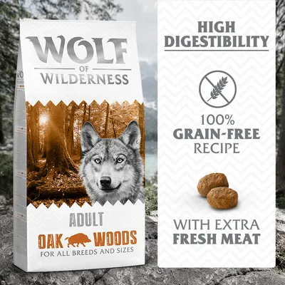Wolf of Wilderness Adult Oak Woods pre všetky plemená a veľkosti. High digestibility, 100% grain-free recipe, with extra fresh meat. Text v angličtine. Wolf of Wilderness Adult Oak Woods pre všetky plemená a veľkosti. High digestibility, 100% grain-free recipe, with extra fresh meat. Text v angličtine.