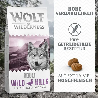 Wolf of Wilderness Adult Wild Hills für alle Rassen und Grössen. Hohe Verdaulichkeit, 100% getreidefreie Rezeptur, mit extra viel Frischfleisch.