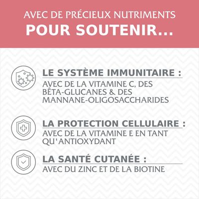 Avec de précieux nutriments pour soutenir le système immunitaire (vitamine C, bêta-glucanes, mannanes-oligosaccharides), la protection cellulaire (vitamine E) et la santé cutanée (zinc, biotine).