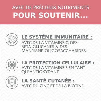 Avec de précieux nutriments pour soutenir le système immunitaire (vitamine C, bêta-glucanes, mannanes-oligosaccharides), la protection cellulaire (vitamine E) et la santé cutanée (zinc, biotine).