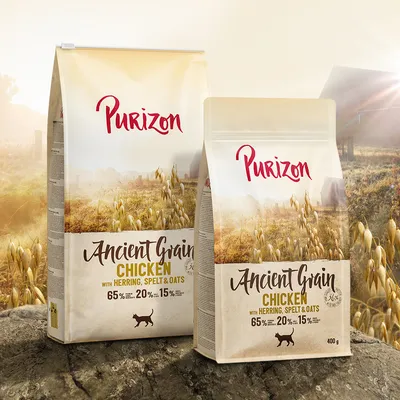 Purizon Ancient Grain Chicken with Herring, Spelt & Oats, 65 % maso, 20 % obiloviny, 15 % zelenina, balení 400 g. Obal s obrázkem pole a siluetou kočky.