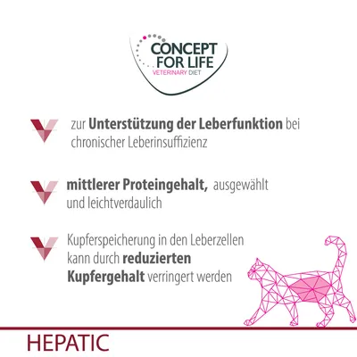 Concept for Life Veterinary Diet Hepatic: Unterstützung der Leberfunktion, mittlerer Proteingehalt leicht verdaulich, reduzierter Kupfergehalt zur Verringerung der Kupferspeicherung.
