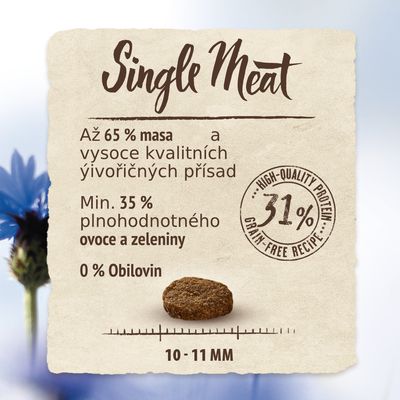Purizon Single Meat Beef with Hibiscus Blossoms, pouze jeden zdroj masa, 65 % maso, 35 % zelenina, 0 % obilovin, balení 12 kg